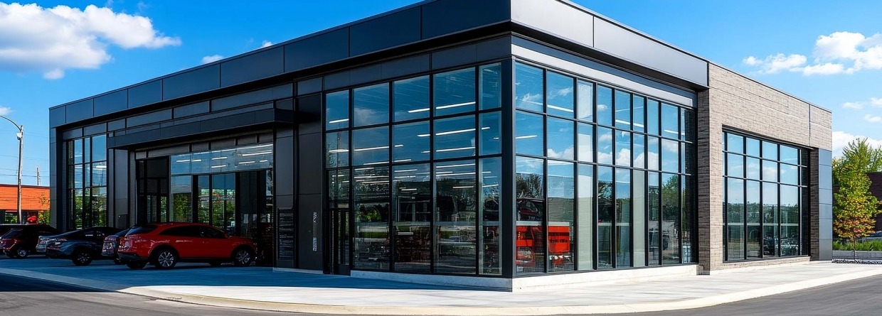 Auto showroom met veel glazen ramen op de achtergrond een blauwe lucht met wolken